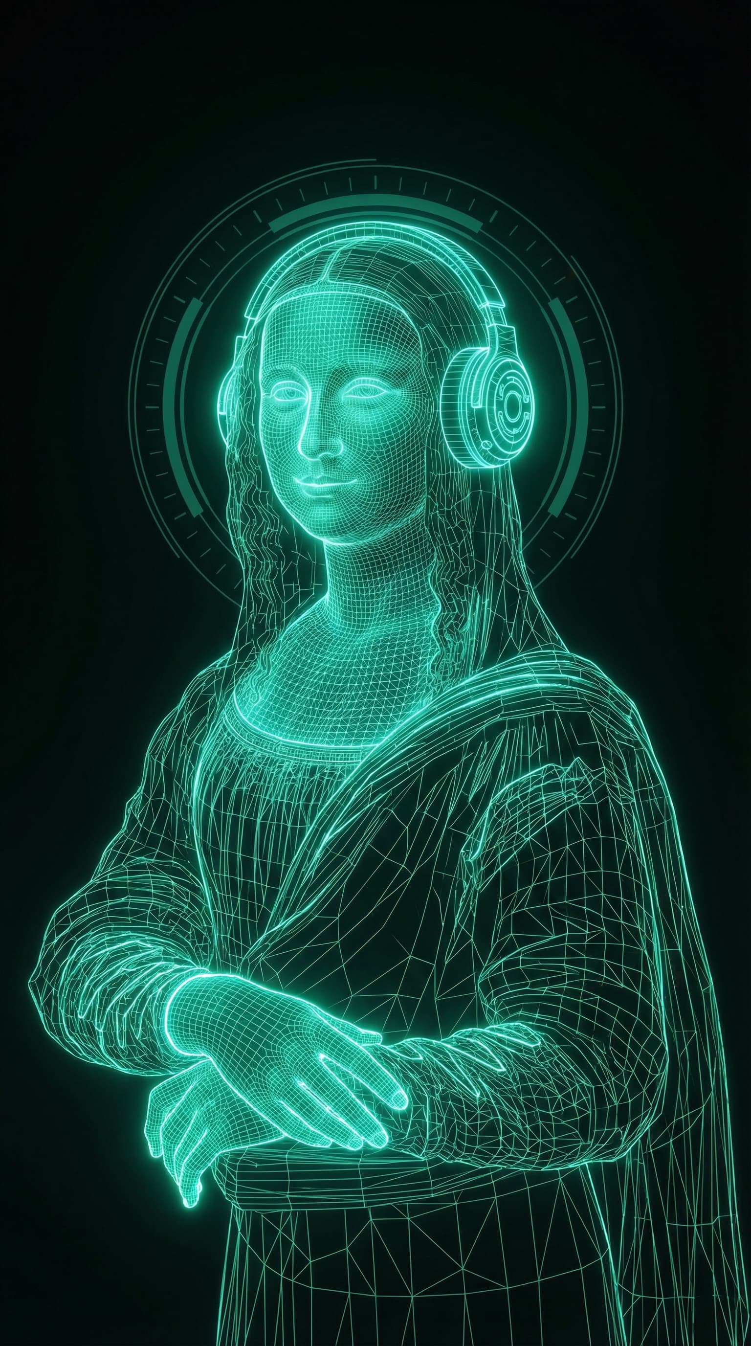 Cybernetic Renaissance Muse in Cyan Wireframe